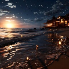 Wall Mural - Beautiful seascape at night with a starry sky.