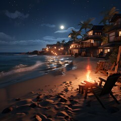 Wall Mural - beach at night with moon and stars, 3d render illustration