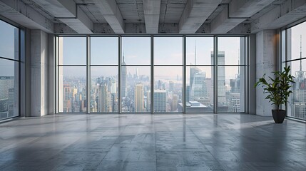 Poster - An empty office space with minimalist decor and large windows overlooking a city skyline