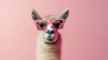 Wall Mural - Creative animal concept. Llama in sunglass shade glasses isolated on solid pastel background, commercial, editorial advertisement, surreal surrealism