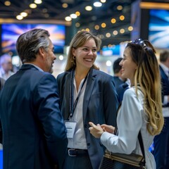 individuals in business casual attire as they laugh and chat together at an exhibition booth after t