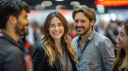 individuals in business casual attire as they laugh and chat together at an exhibition booth after t