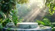 The lush green foliage of the jungle surrounds a stone pedestal, bathed in warm sunlight.