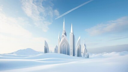 Wall Mural - Sleek skyscrapers pierce through a sea of clouds, reaching towards a pale blue sky. Gleaming white structures with futuristic designs dominate the skyline. 