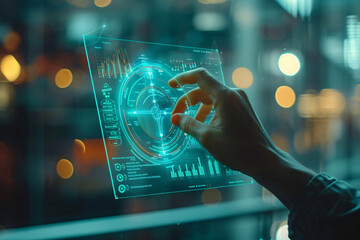 Wall Mural - navigating the digital realm: a close-up of a hand interacting with a futuristic holographic interfa