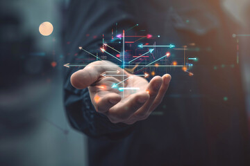Wall Mural - the future in your hands: a man's open palm displays a glowing network of lines, symbolizing the pow