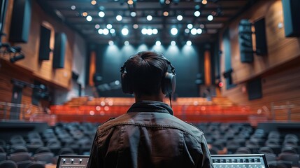 A male acoustic architect in an auditorium, viewed from behind, measuring sound levels with specialized equipment