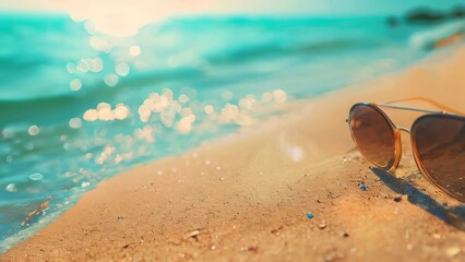 Wall Mural - Sunglasses on sandy beach with sparkling sea in background