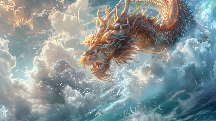 Wall Mural - A colorful Chinese brush painting of a highly detailed colorful Chinese dragon baring its fangs. Fly among beautiful clouds Below the picture is a blue sea. The light hits the waves and sparkles.
