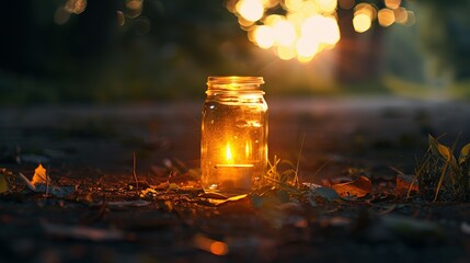 A glass jar with a light inside sitting on the ground