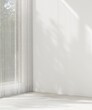 Empty white wall room in sunlight from window with sheer curtain, tree shadow on baseboard, wood laminated parquet floor for luxury, minimal interior design decoration, product background 3D