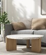 Round white terrazzo coffee table with wooden leg, minimal and luxury gray sofa on beige carpet floor in white wall living room in dappled light sunlight for interior design decoration background 3D