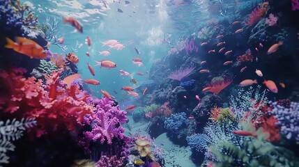 Wall Mural - World Oceans Day. World Water Day. Blue ocean underwater life with coral reefs and colorful fish. Bright sunlight shines under the sea. Beautiful nature landscape. 