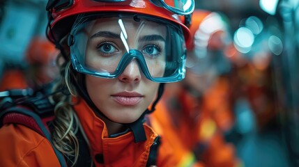 A young woman wearing a firefighter's helmet and protective goggles looks out over a burning city. She is determined to save lives and protect her community.