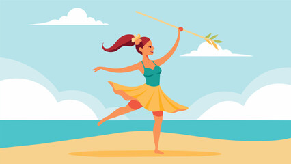 A skilled performer incorporating elements of hula dancing into her baton twirling routine on the beach.. Vector illustration