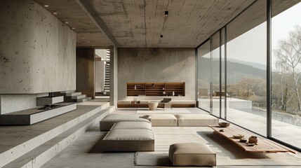 The photo shows a modern living room with a minimalist design