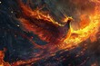 A phoenix diving into a lake of molten lava, its body igniting into flames as it dives deeper