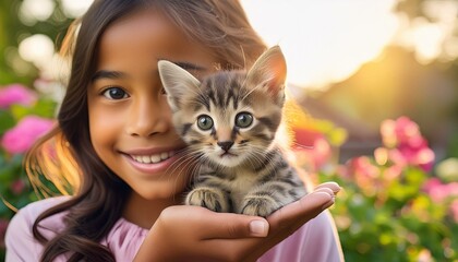 Wall Mural - Cute little kitten sitting on a girl's hand