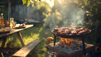 bbq grilling in the garden,blur background , no people ,summer bbq party, food, happy vacation, happiness,sunlight ,Backyard, gathering, barbecued meat , trees , sunlight