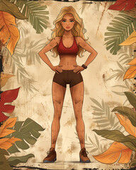 A woman in a red tank top and shorts stands in front of a leafy background