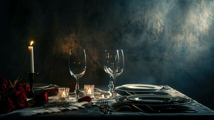 An exquisite table with wine glasses and silverware on a dark background