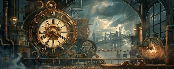 An imaginative portrayal of an old factory with oversized gears rotating to keep the clock ticking