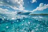 Fototapeta Motyle - Underwater view of luxury yacht and coral reef at Seychelles, Generative Ai