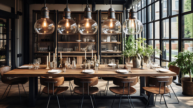Industrial-style dining area with a reclaimed wood table, metal chairs, and pendant lights,