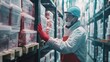 Worker wearing protective gear stacking boxes of frozen meat in a cold storage room, organizing inventory for distribution.