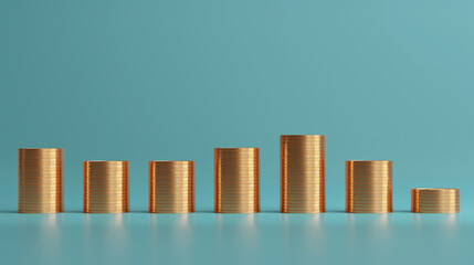 gold coin columns placed in a row over a blue plain background, business or economy growth analysis graph with coins, business finance stack of coins, cash flow in economy, investment growth 