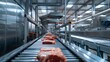 Interior of a meat processing plant with conveyor belts transporting packaged meat into a freezing room for storage.