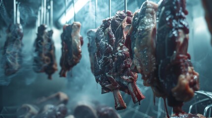 Wall Mural - Close-up of meat hanging on hooks in a refrigerated room, illustrating the process of chilling and preserving fresh meat products.