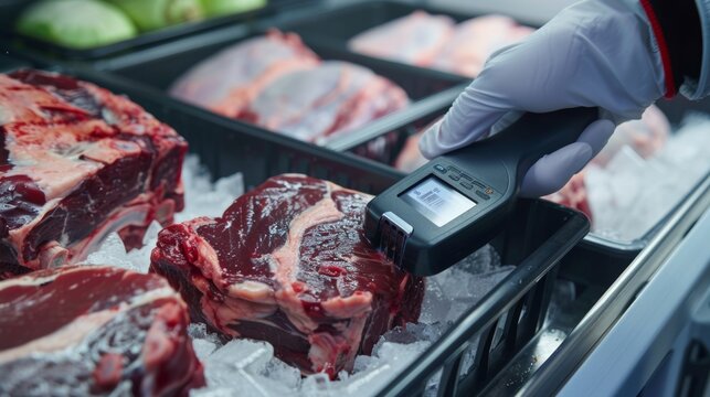 Close-up of a meat technician using a barcode scanner to track inventory in a freezing room, managing stock levels for efficient supply chain operations.