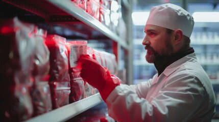 Wall Mural - Close-up of a meat inspector checking labels on packaged meat products stored in a freezing room, ensuring compliance with safety standards.