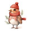 Watercolor illustration of a cute bird in a red hat and scarf.