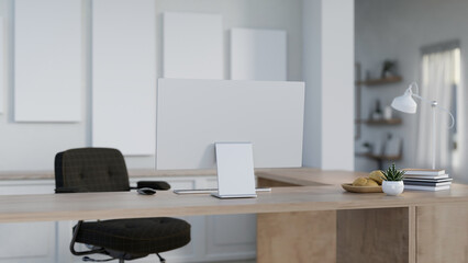 Wall Mural - A back view image of a computer desk in a contemporary home office or private office.