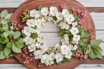 Wall Mural - Composition of small white pink flowers and leaves on  wooden table in a circle