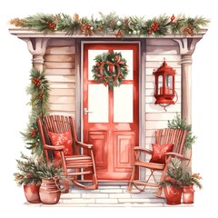 Wall Mural - Watercolor Christmas porch with wreath, rocking chairs and decorations.