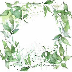 Wall Mural - a frame made of light green leaves and vines, with watercolor splashes on the edges, generative AI