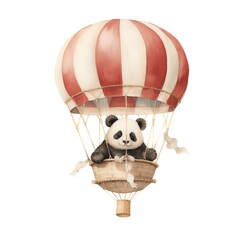 Watercolor illustration of cute panda in hot air balloon isolated on white background