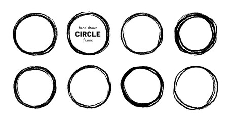 Aufkleber - Round circular logo hand drawn brush stroke icon frame element. Round logo frame hand drawn texture brush stroke. Circle doodle ink black shape. Rough grunge circular. Vector illustration.
