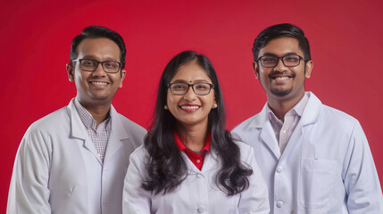 Indian specialized dentist team smiling against a red background