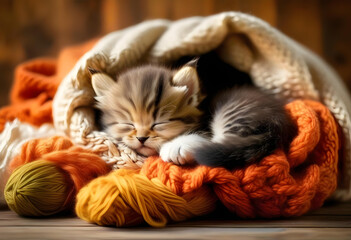 Wall Mural - A close-up of a sleeping kitten on a knitted sweater on a wooden table