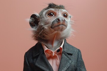 Wall Mural - A Emperor Tamarin in a tailored business suit, standing against a soft pastel background, AI Generative