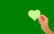 Environmental and ecology care concept. Hand holding a green heart shape symbol while standing against a green background.