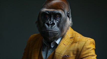 Poster - Portrait of a Mountain Gorilla in an elegant business suit, captured in a professional photo studio setting, AI Generative