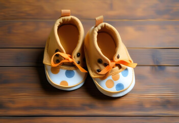 A close-up of two pairs of tiny baby shoes, placed on a wooden background