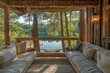 wooden hut in the lake side view with abstract greenery and big green trees with  lush greenery spread all over swings and wooden luxurious things in natural background 