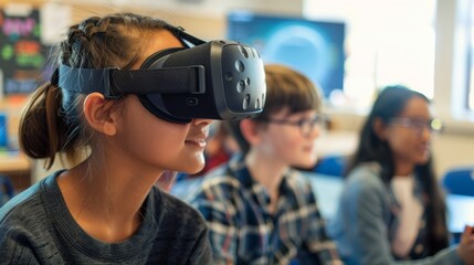 Wall Mural - A student wearing a VR headset while the teacher observes their virtual exploration, facilitating interactive learning in the classroom.