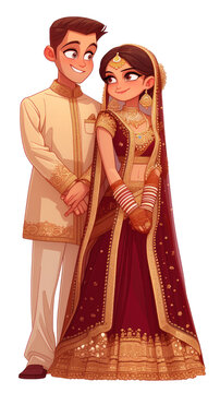 Caricature of Indian bride and groom isolated on transparent background, png